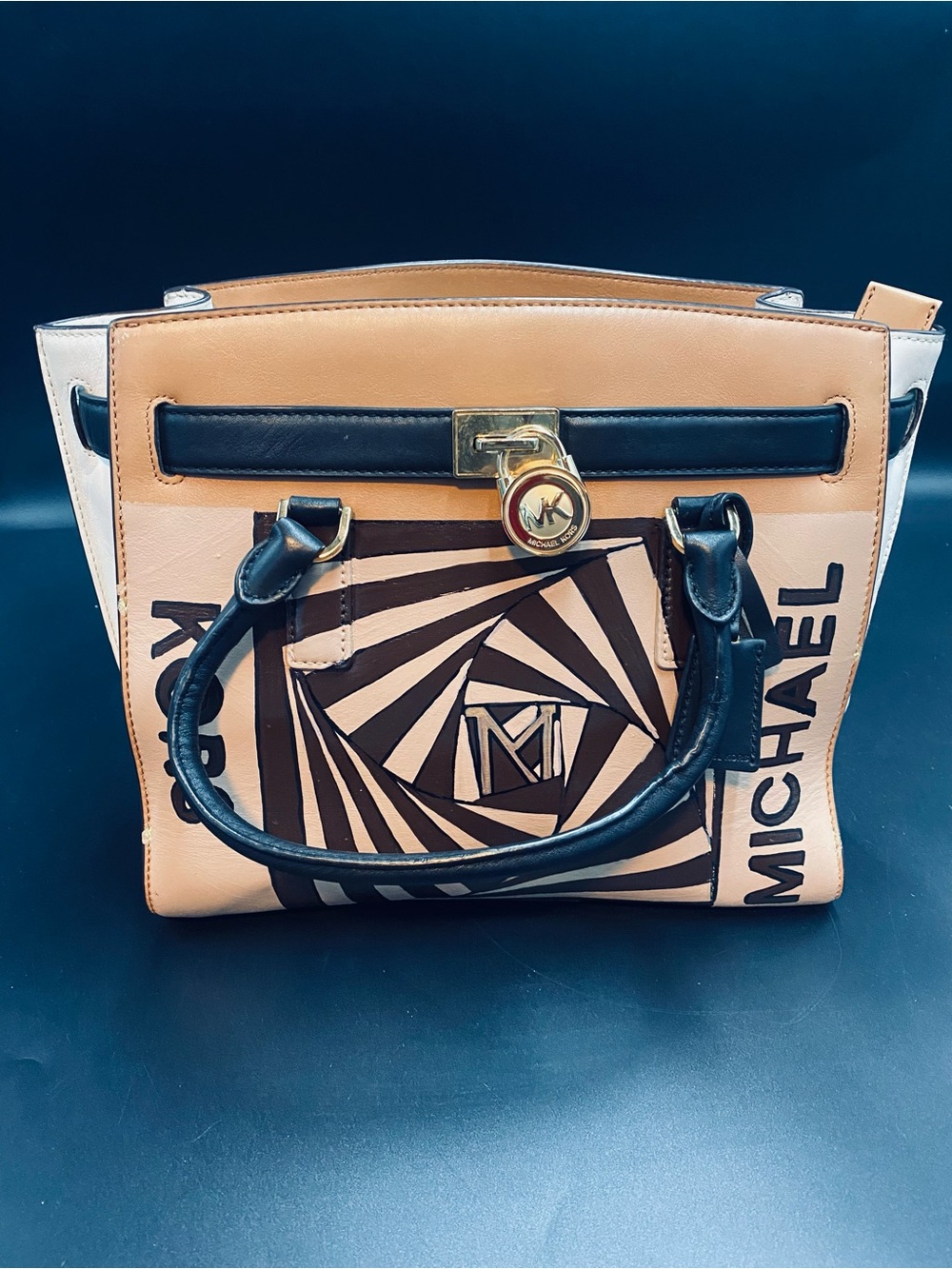 Michael Kors Beige and Black Graphic Leather Satchel